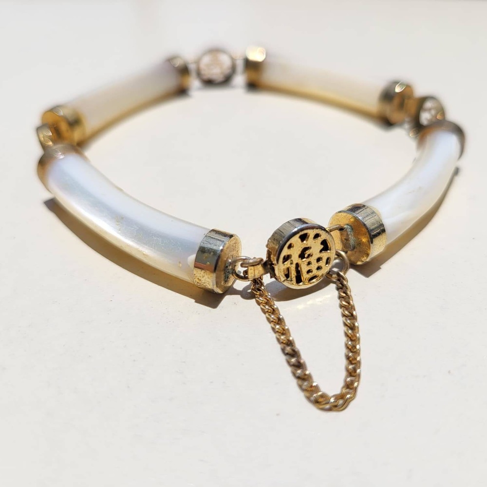 Vintage Mother of Pearl Gold Tone Link White Asian Character Bracelet